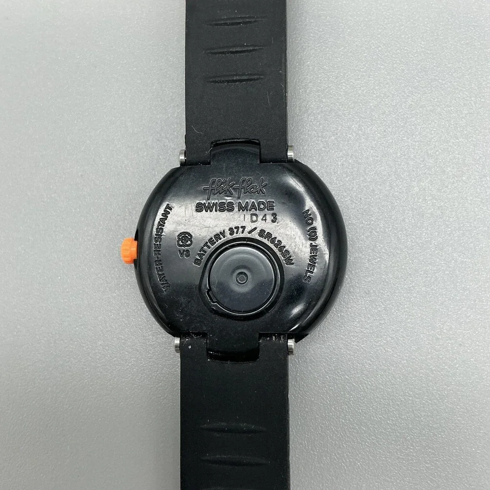 Flik Flak ID43 Boys Watch 34mm Black Orange Dial Rubber Swiss New Battery